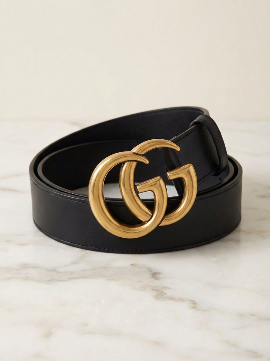 Gucci Wide Leather Belt with Double G Buckle (Black + Gold)