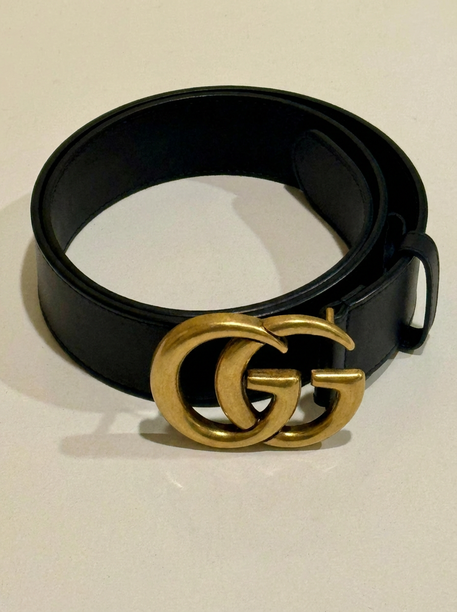 Gucci Wide Leather Belt with Double G Buckle (Black + Gold)