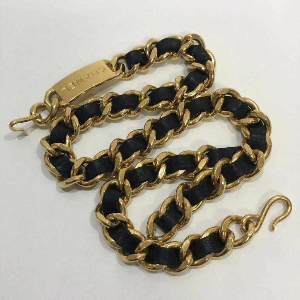 Vintage Chanel 31 Rue Cambon Gold-Plated Chain & Leather Nameplate Belt