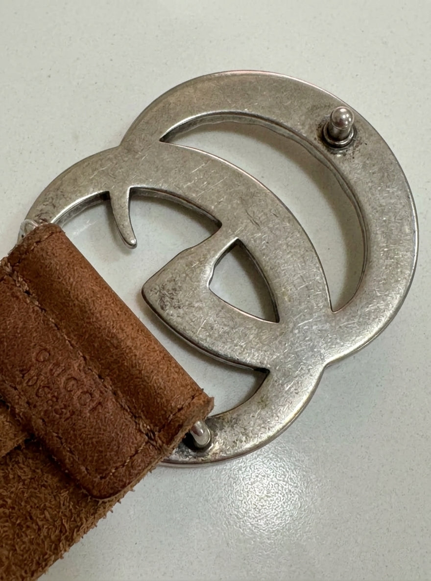 Gucci Wide Leather Belt with Double G Buckle (Brown + Silver)