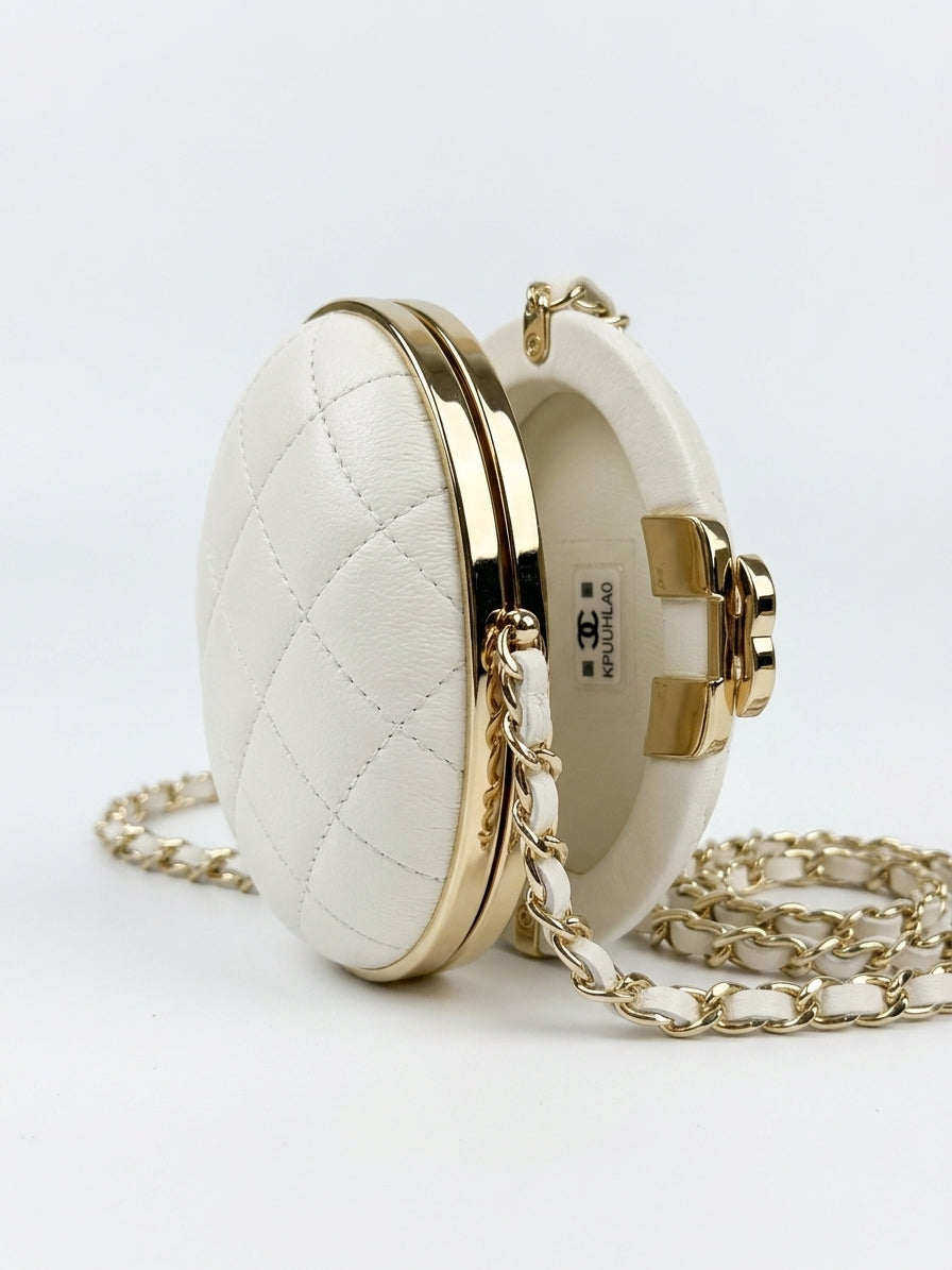Chanel Oval Minaudière Clutch with Chain, White Quilted Lambskin, Gold Hardware