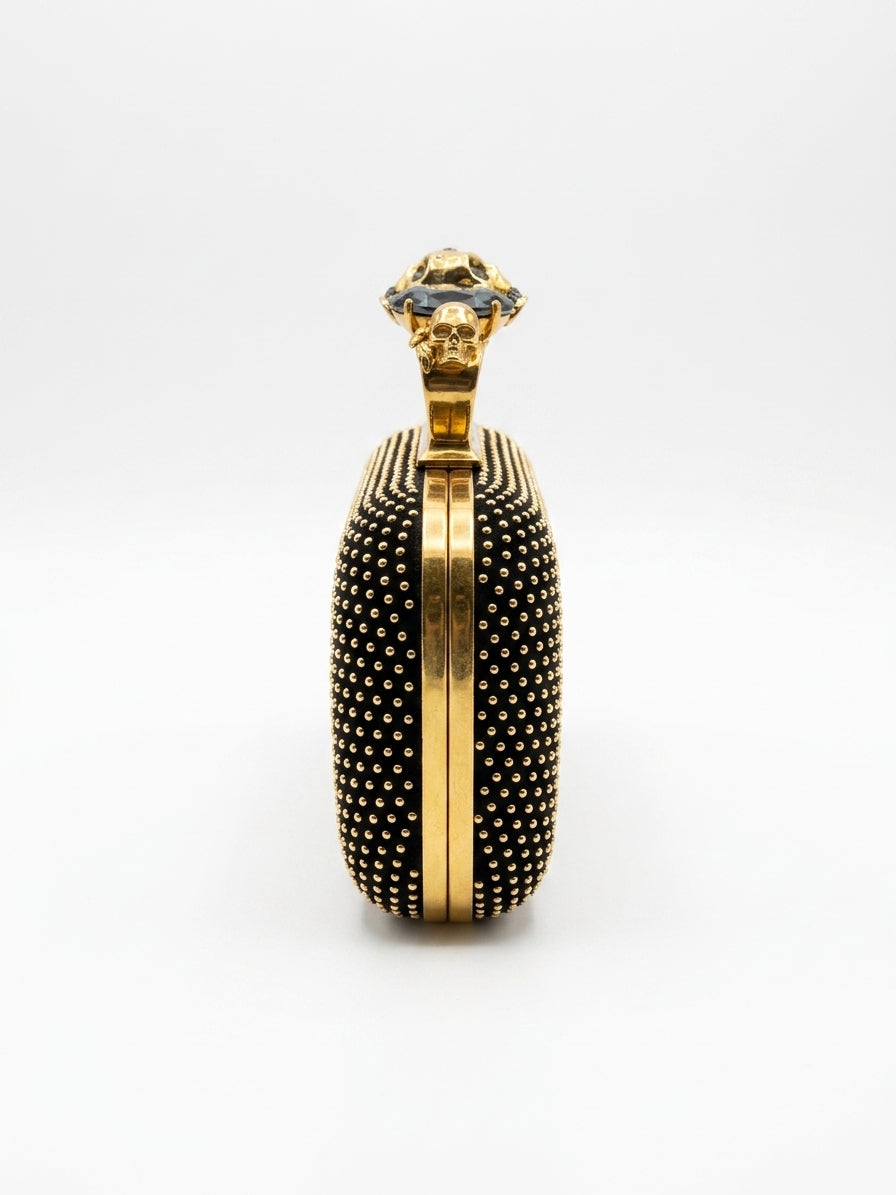 Alexander McQueen Studded Skull Knuckle Box Clutch, Black Suede & Gold