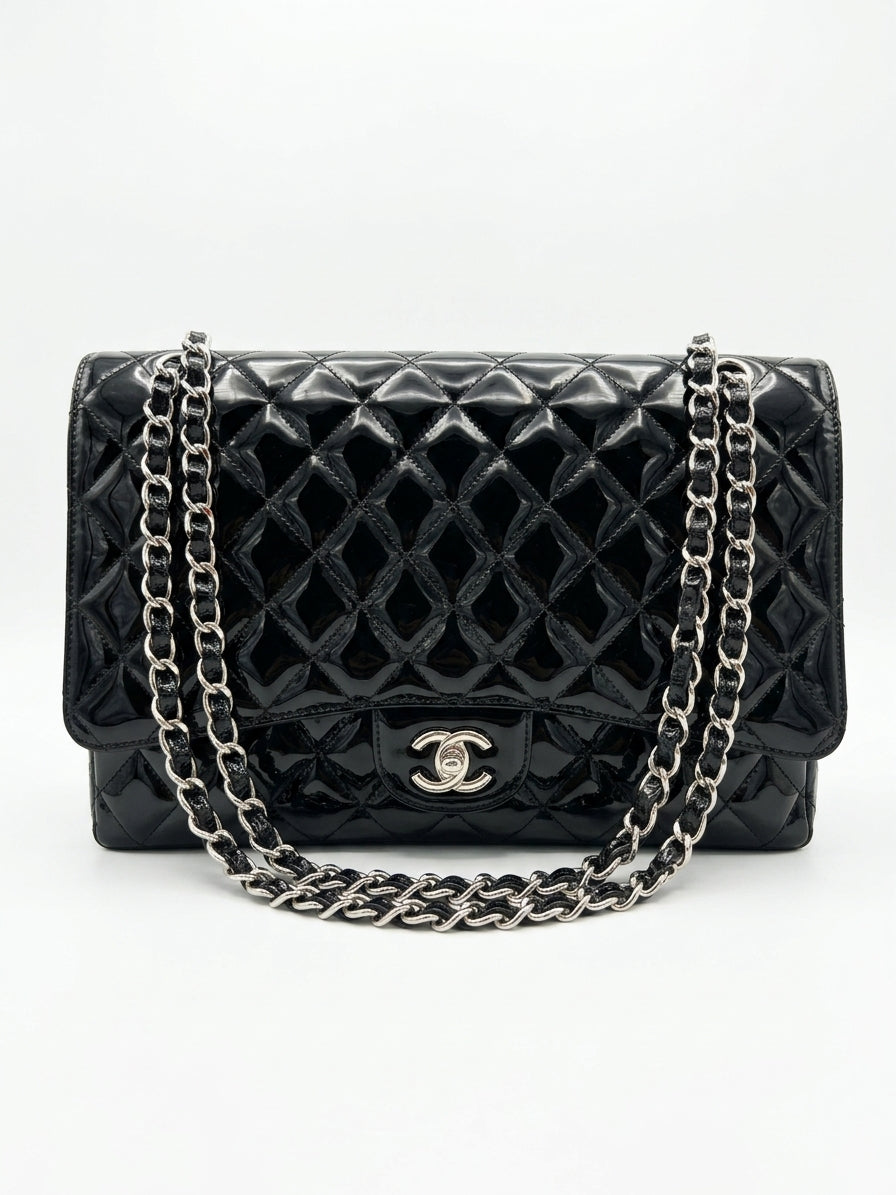 Chanel Classic Flap Maxi Single Flap Bag, Black Patent Leather, Silver Hardware