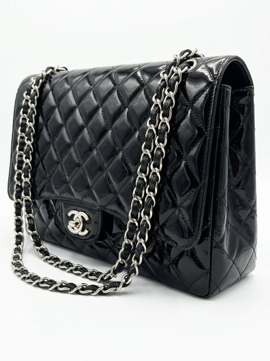 Chanel Classic Flap Maxi Single Flap Bag, Black Patent Leather, Silver Hardware