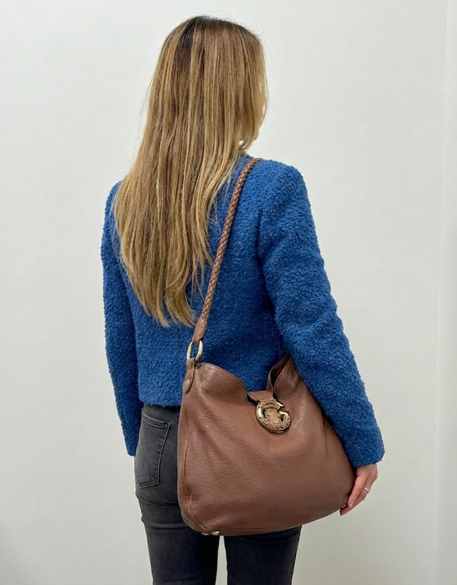 Gucci Brown Pebbled Leather Braided G Hobo