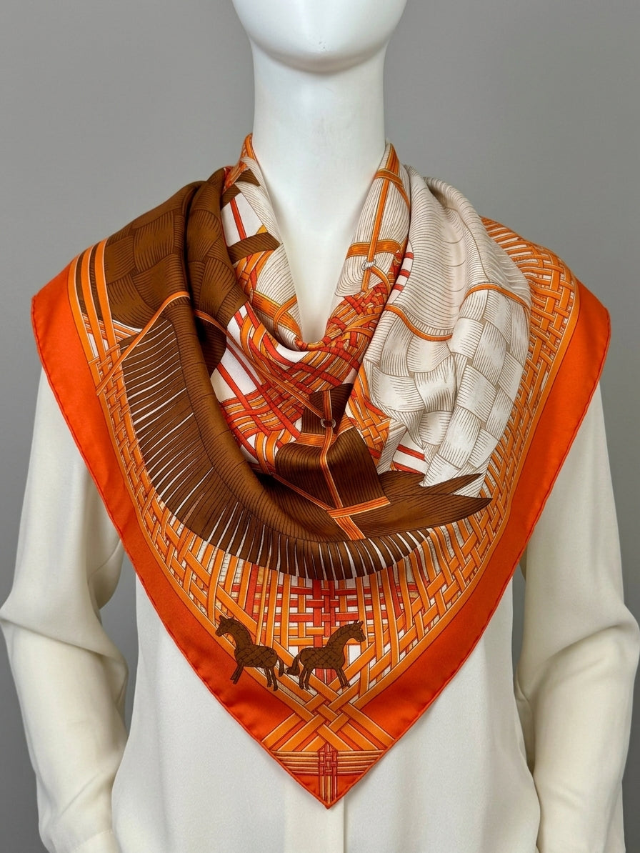 Hermes Cavalier en Formes Silk Carré Scarf (Orange)