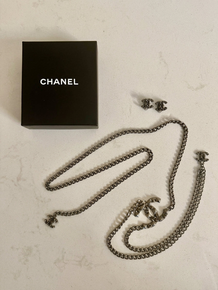 Chanel Ruthenium CC Chain Belt and Stud Earring Set