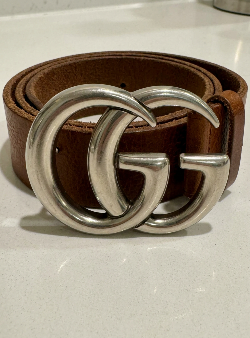 Gucci Wide Leather Belt with Double G Buckle (Brown + Silver)