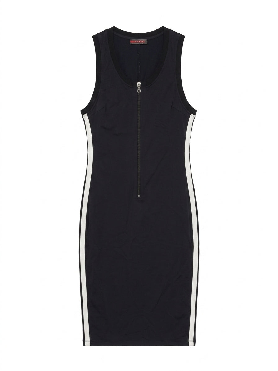 Prada Linea Rossa Black Sleeveless Midi Dress with Side Stripes