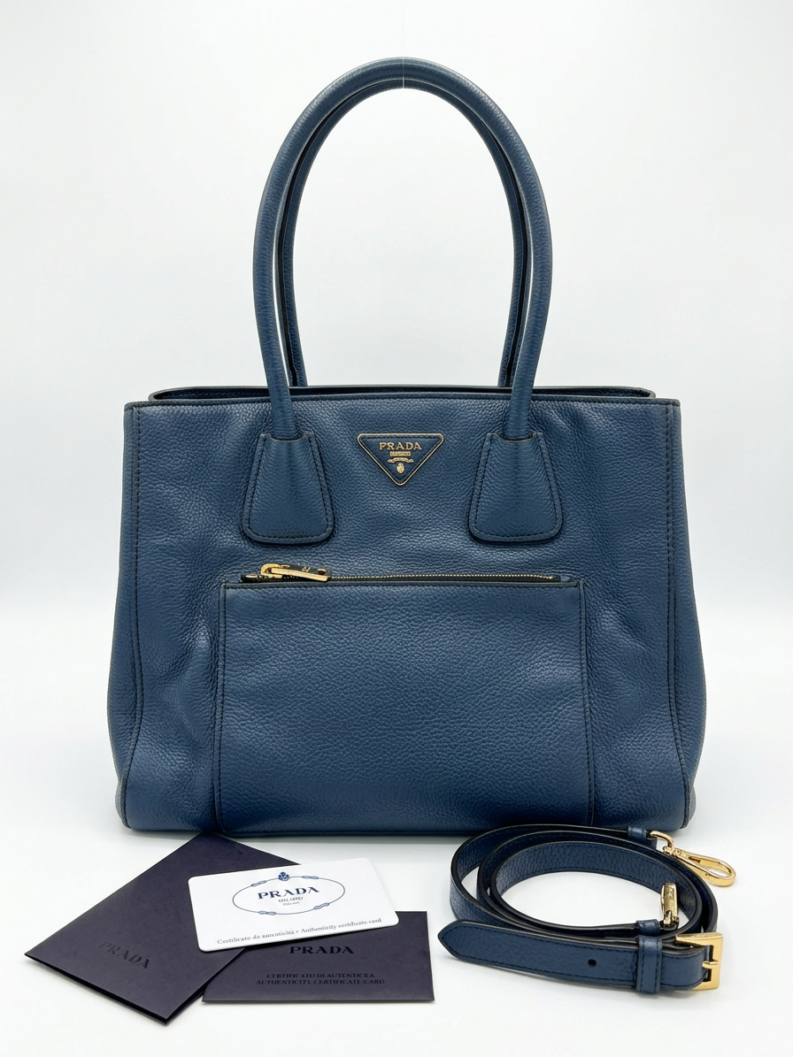 Prada Vitello Daino Convertible Front Pocket Tote Bag in Avio Blue