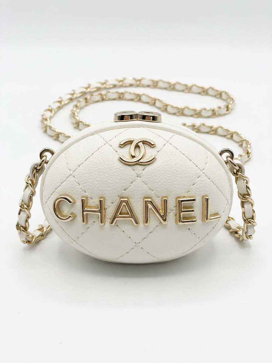 Chanel Oval Minaudière Clutch with Chain, White Quilted Lambskin, Gold Hardware