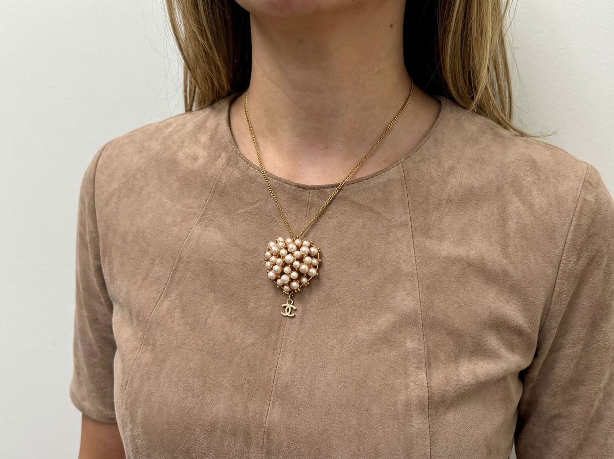 Vintage Chanel Faux Pearl Heart Pendant Necklace