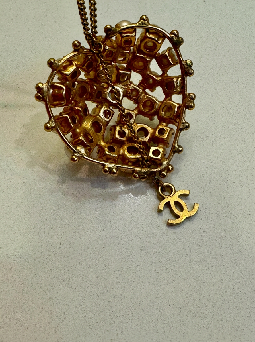 Vintage Chanel Faux Pearl Heart Pendant Necklace