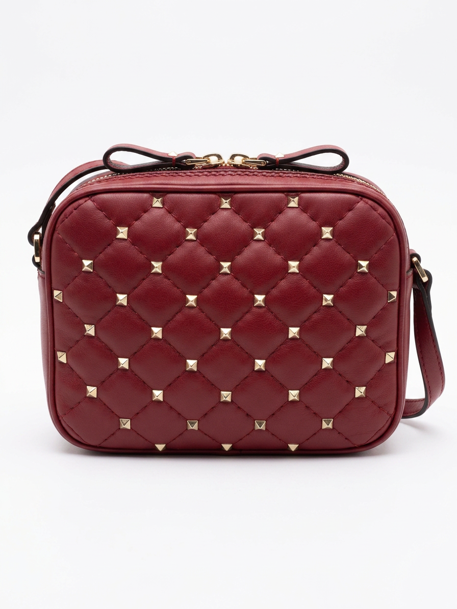 Valentino Garavani Rockstud Spike Vanity Case in Dark Red Quilted Lambskin