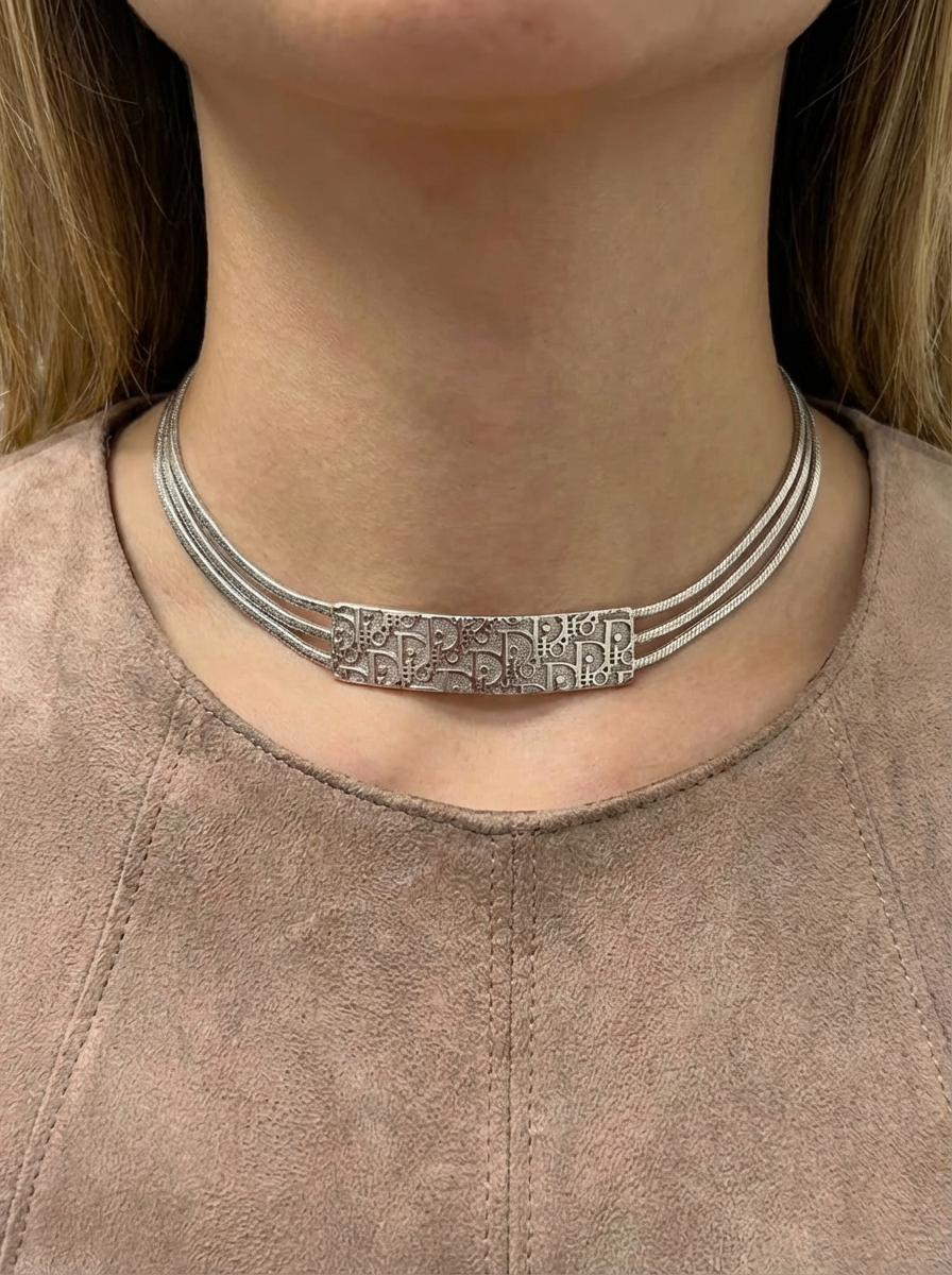 Vintage Christian Dior Silver Tone Trotter Plate Multi Strand Choker