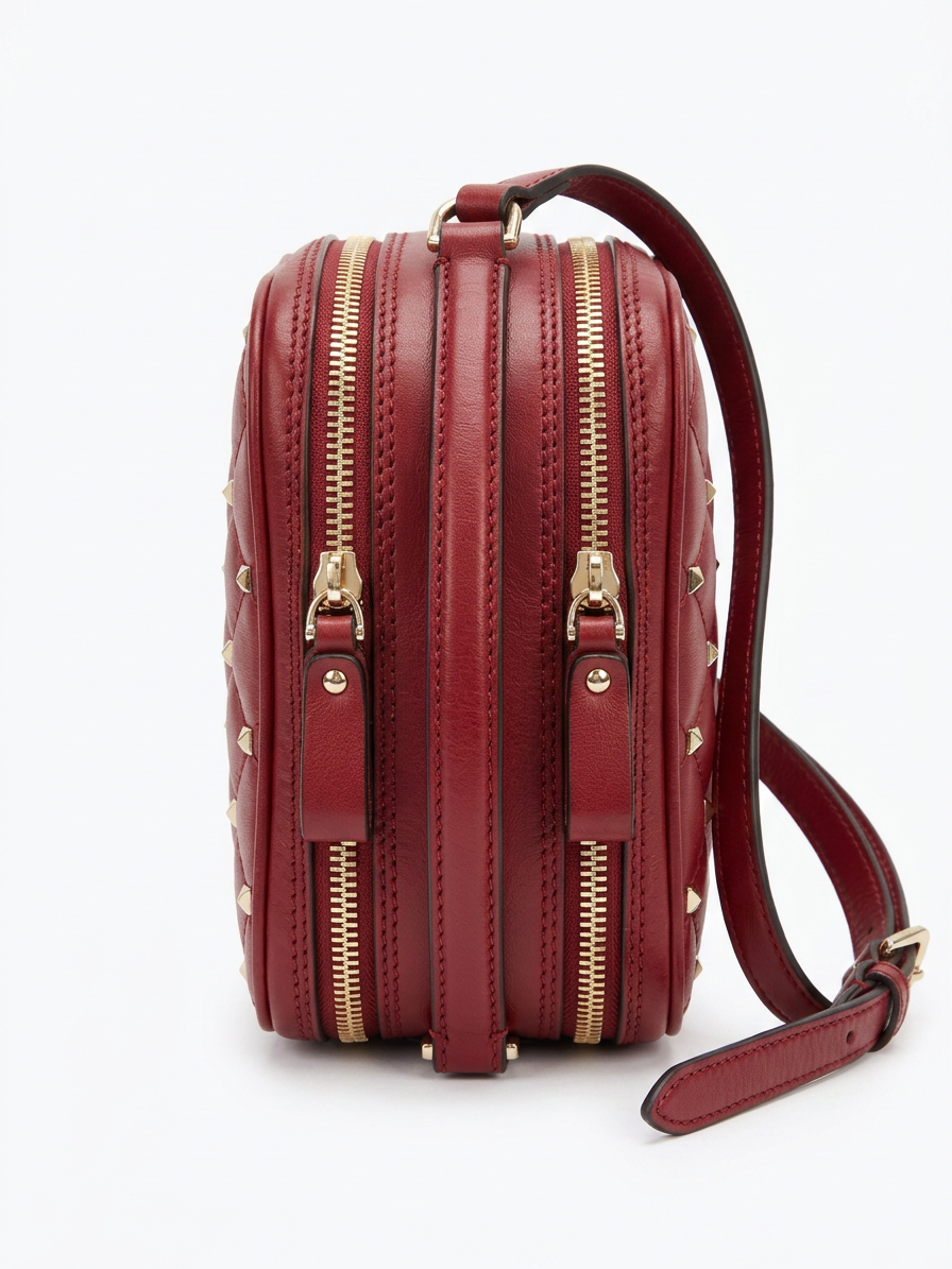 Valentino Garavani Rockstud Spike Vanity Case in Dark Red Quilted Lambskin