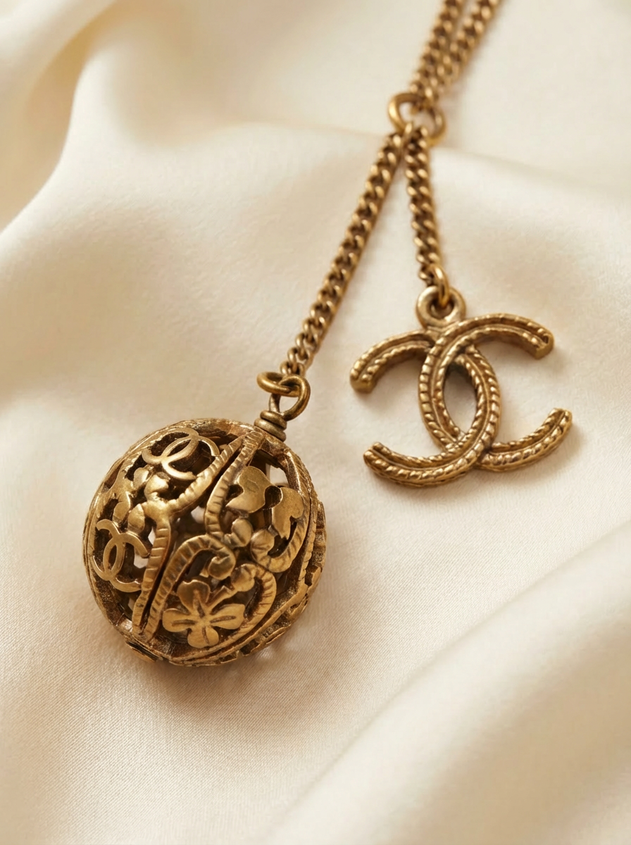 Chanel 06P Gold Tone Filigree Ball & CC Charm Necklace