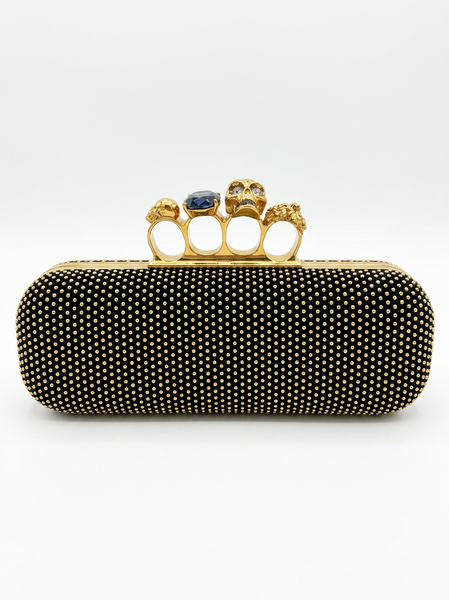 Alexander McQueen Studded Skull Knuckle Box Clutch, Black Suede & Gold