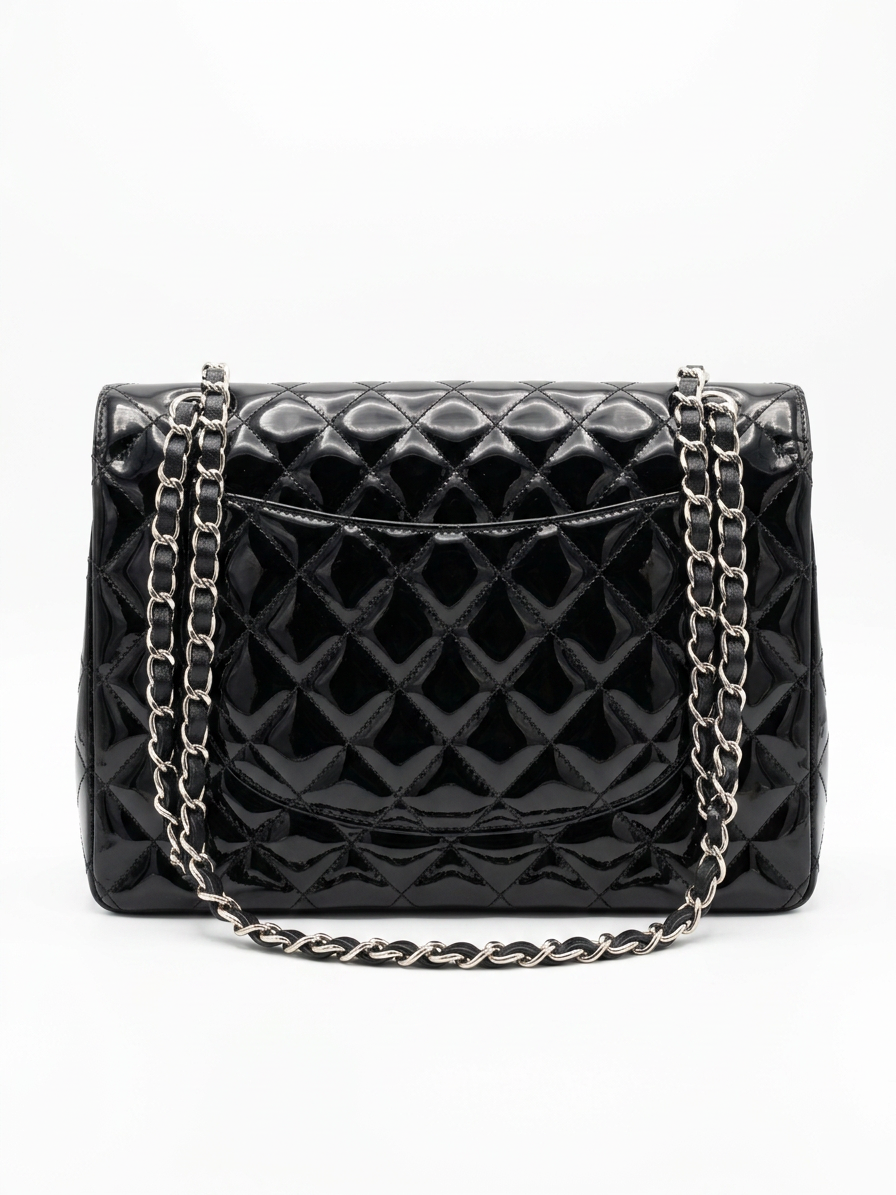 Chanel Classic Flap Maxi Single Flap Bag, Black Patent Leather, Silver Hardware