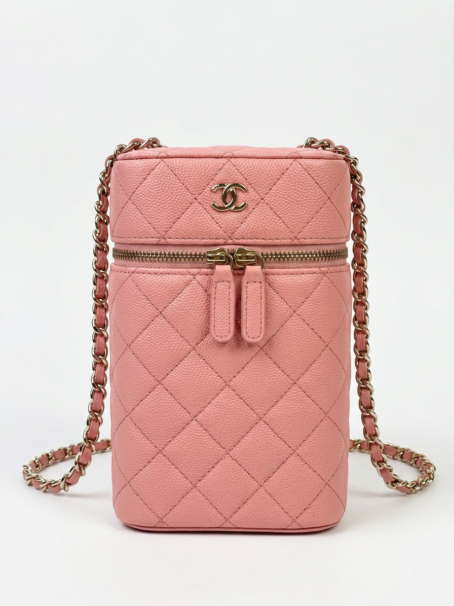 Chanel Small Vertical Vanity Case with Chain, Rose Clair Pink Caviar with Light Gold Hardware