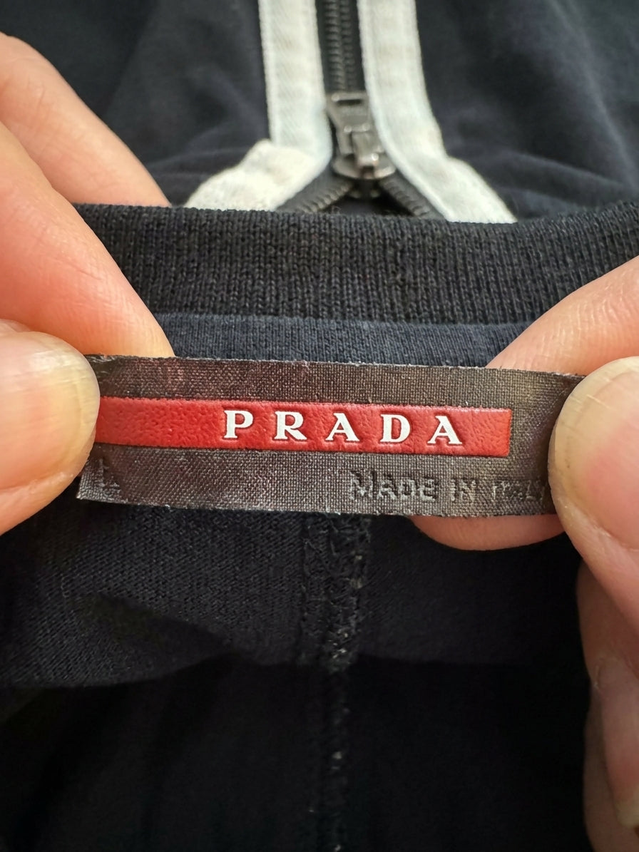 Prada Linea Rossa Black Sleeveless Midi Dress with Side Stripes