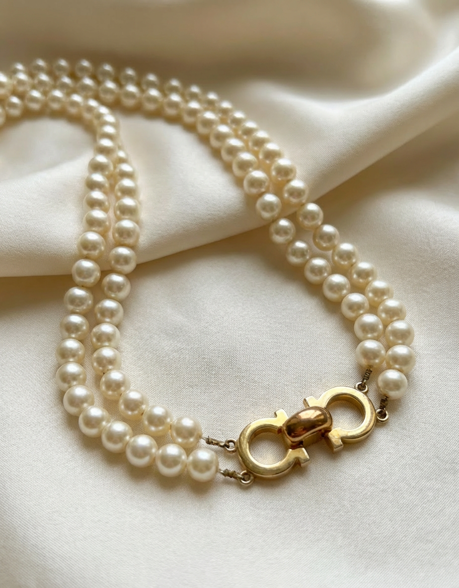 Salvatore Ferragamo Vintage Double Strand Faux Pearl Choker with Gold Tone Gancini Clasp