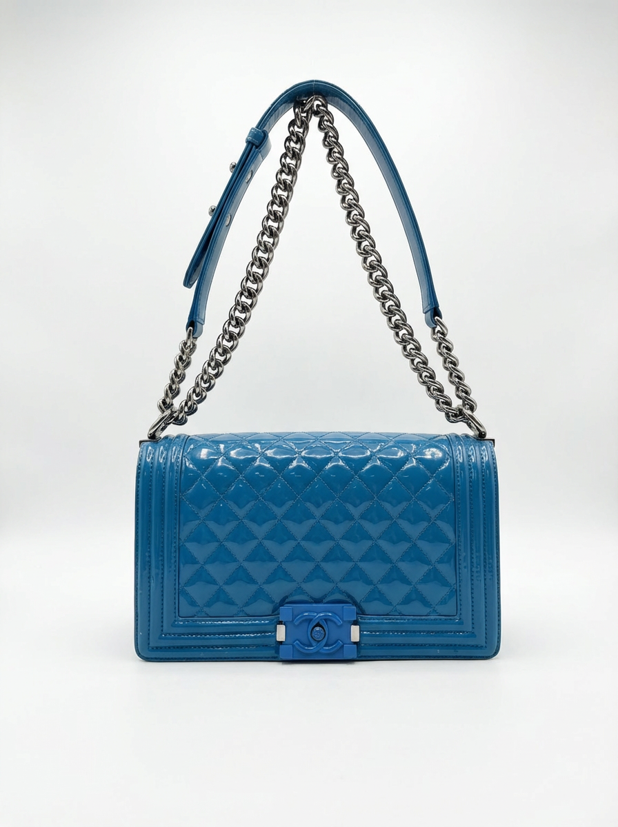 Chanel Blue Patent Leather Medium Boy Bag with Plexiglass Clasp