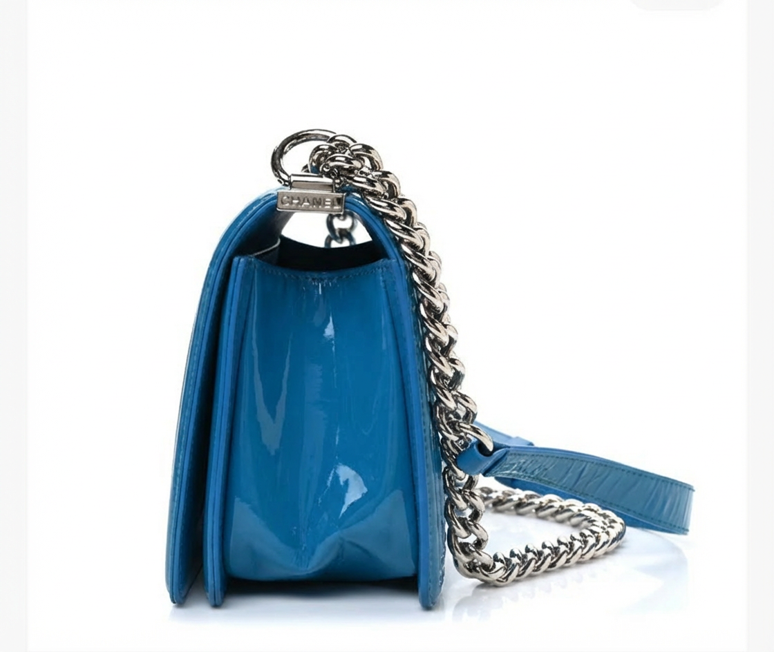 Chanel Blue Patent Leather Medium Boy Bag with Plexiglass Clasp