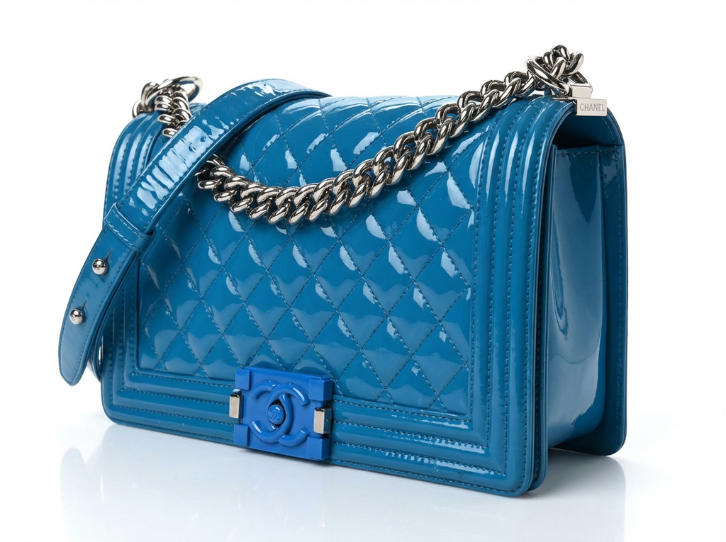 Chanel Blue Patent Leather Medium Boy Bag with Plexiglass Clasp