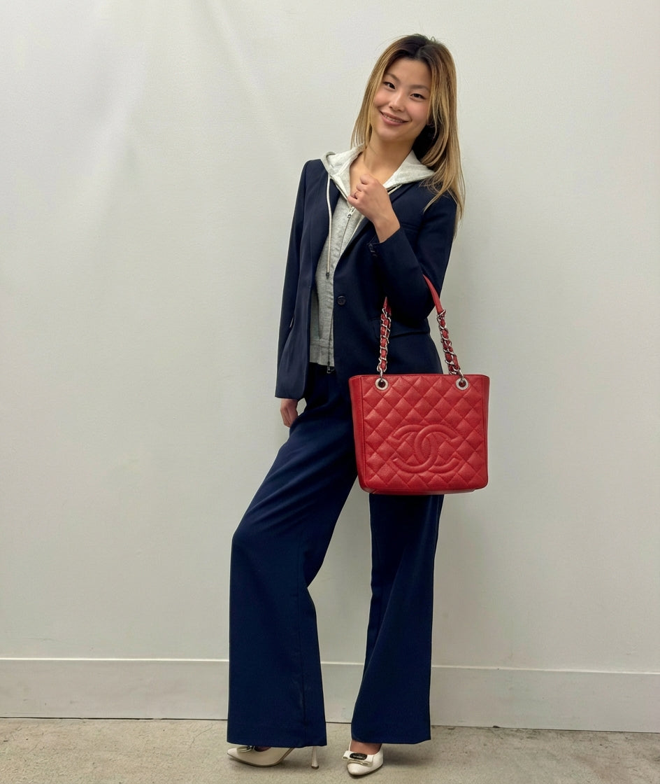 Chanel Red Quilted Caviar Petite Shopping Tote (PST)