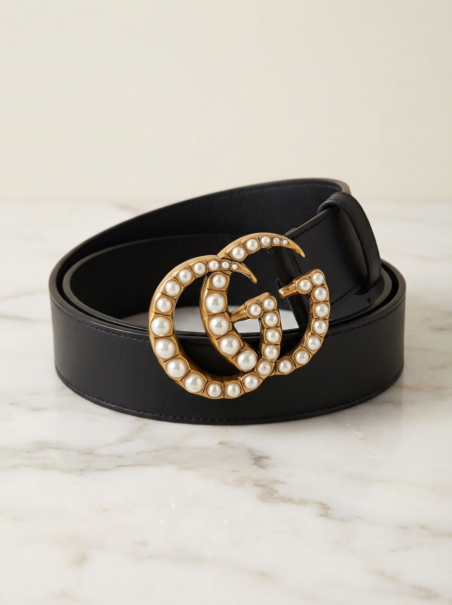 Gucci Broad Leather Belt with Pearl Double G Buckle
