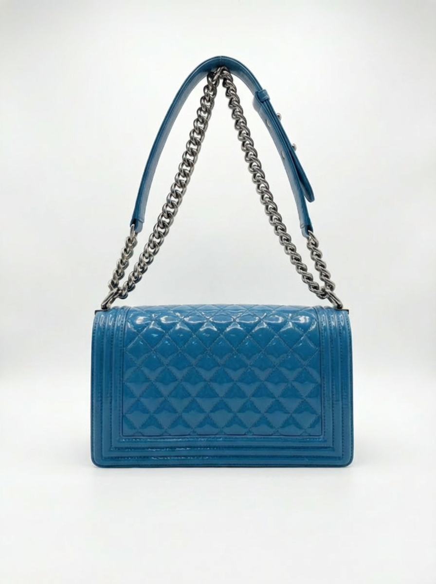Chanel Blue Patent Leather Medium Boy Bag with Plexiglass Clasp