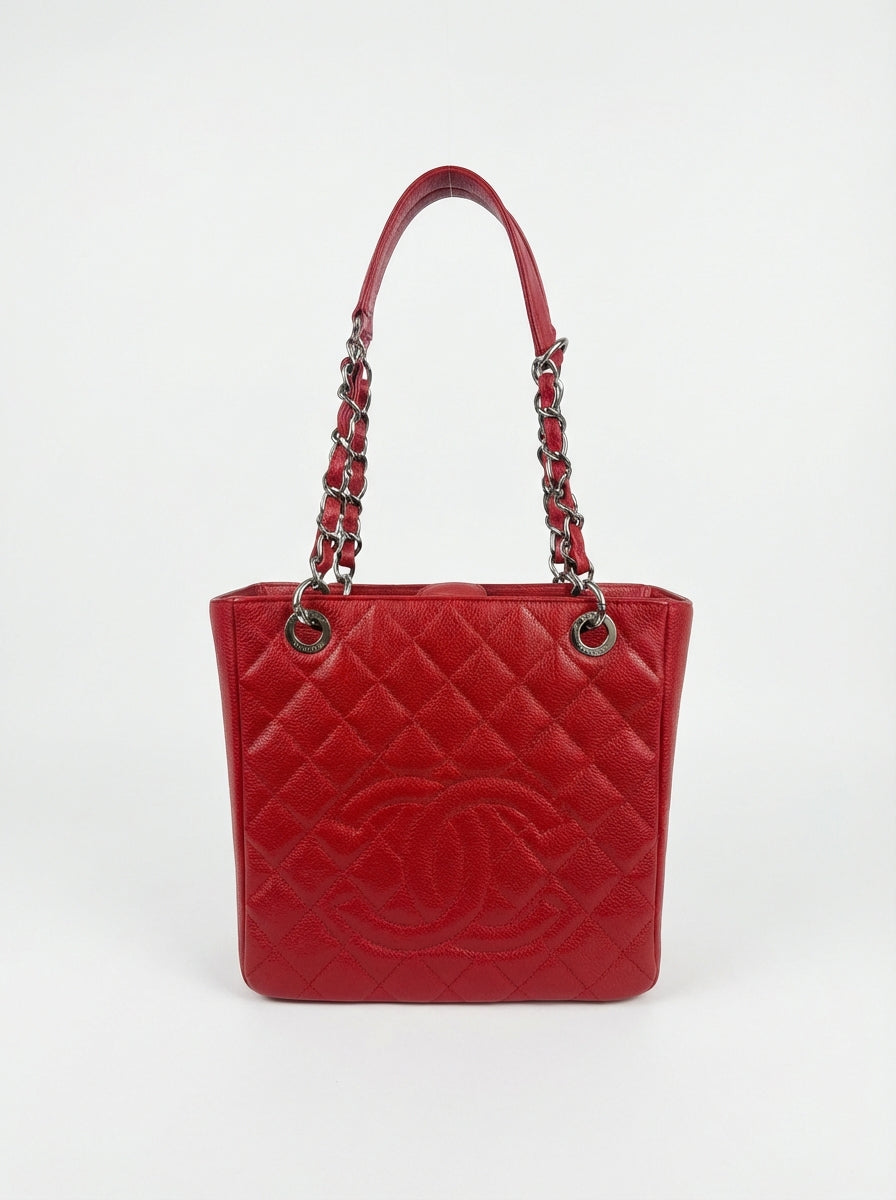 Chanel Red Quilted Caviar Petite Shopping Tote (PST)
