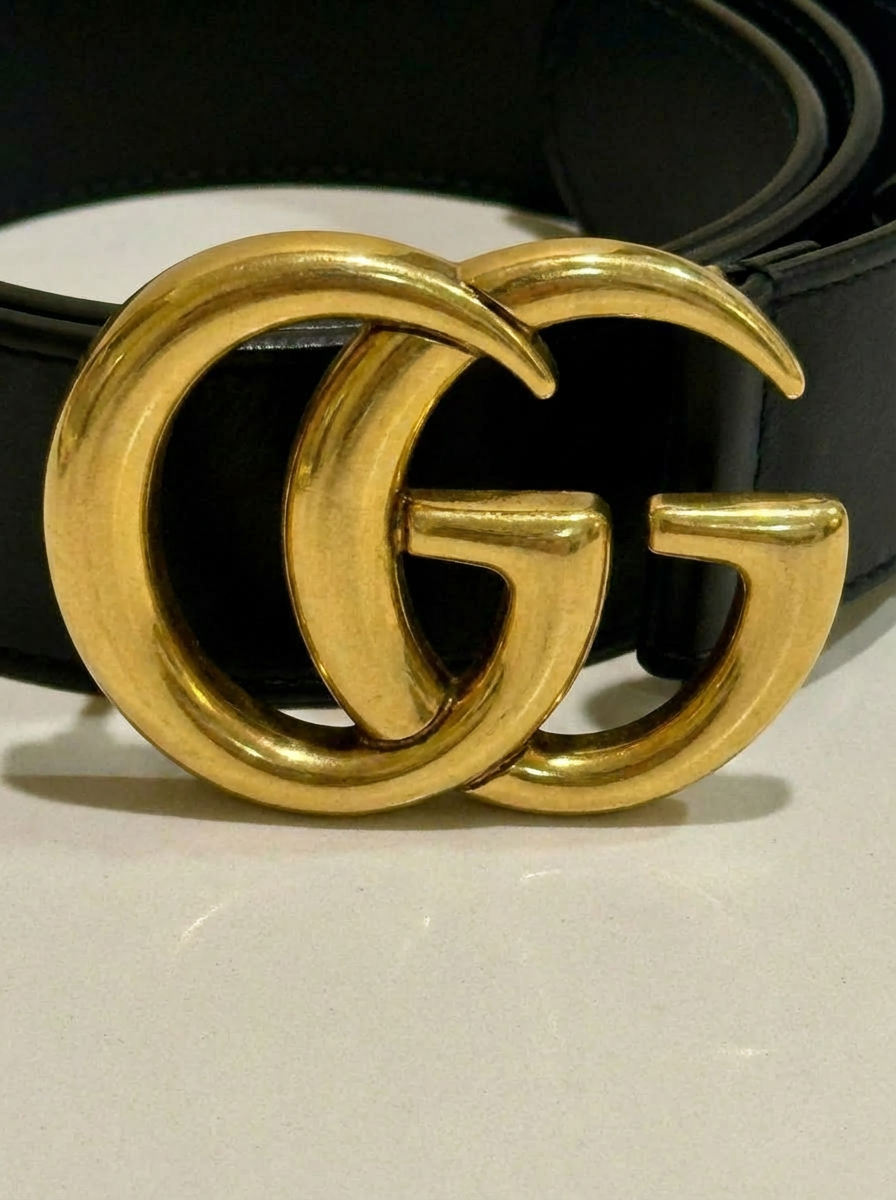 Gucci Wide Leather Belt with Double G Buckle (Black + Gold)