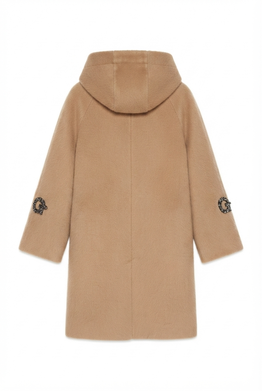Taupe Teddy Hooded Cocoon Coat with Crystal "G" Sleeve Appliqués