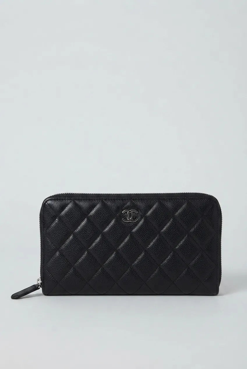 Chanel Classic Long Zipped Wallet Silver Hardware In Black Caviar Leather