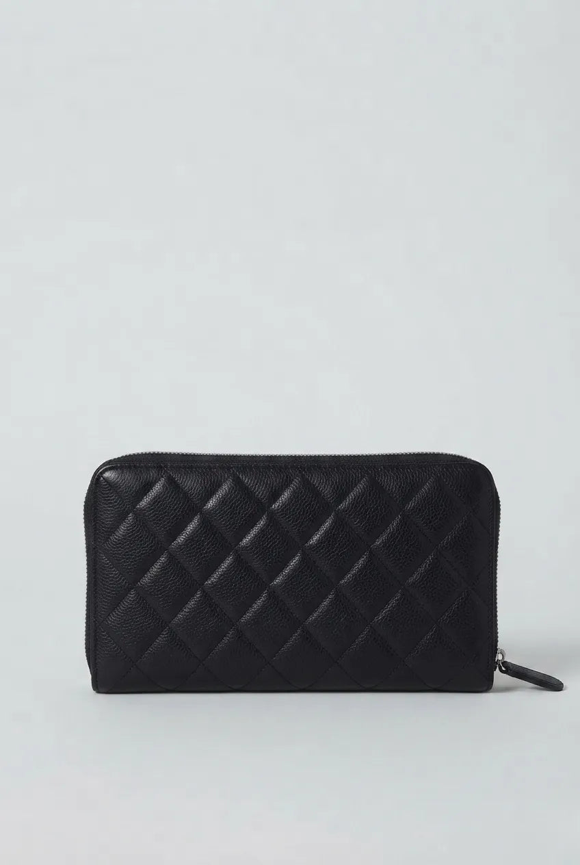 Chanel Classic Long Zipped Wallet Silver Hardware In Black Caviar Leather