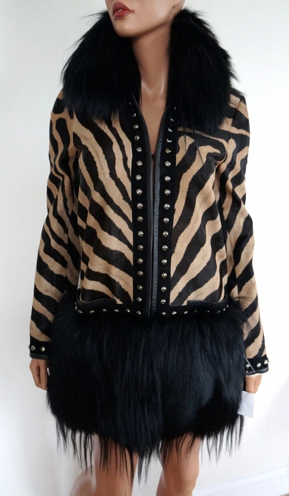 Emilio Pucci Runway Animal Print Calf Hair Coat with Fox and Kidassia Goat Trim