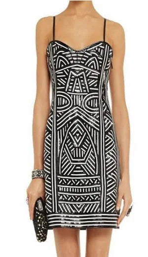 Emilio Pucci Runway Leather Paneled Stretch Mesh Mini Dress in Black and White