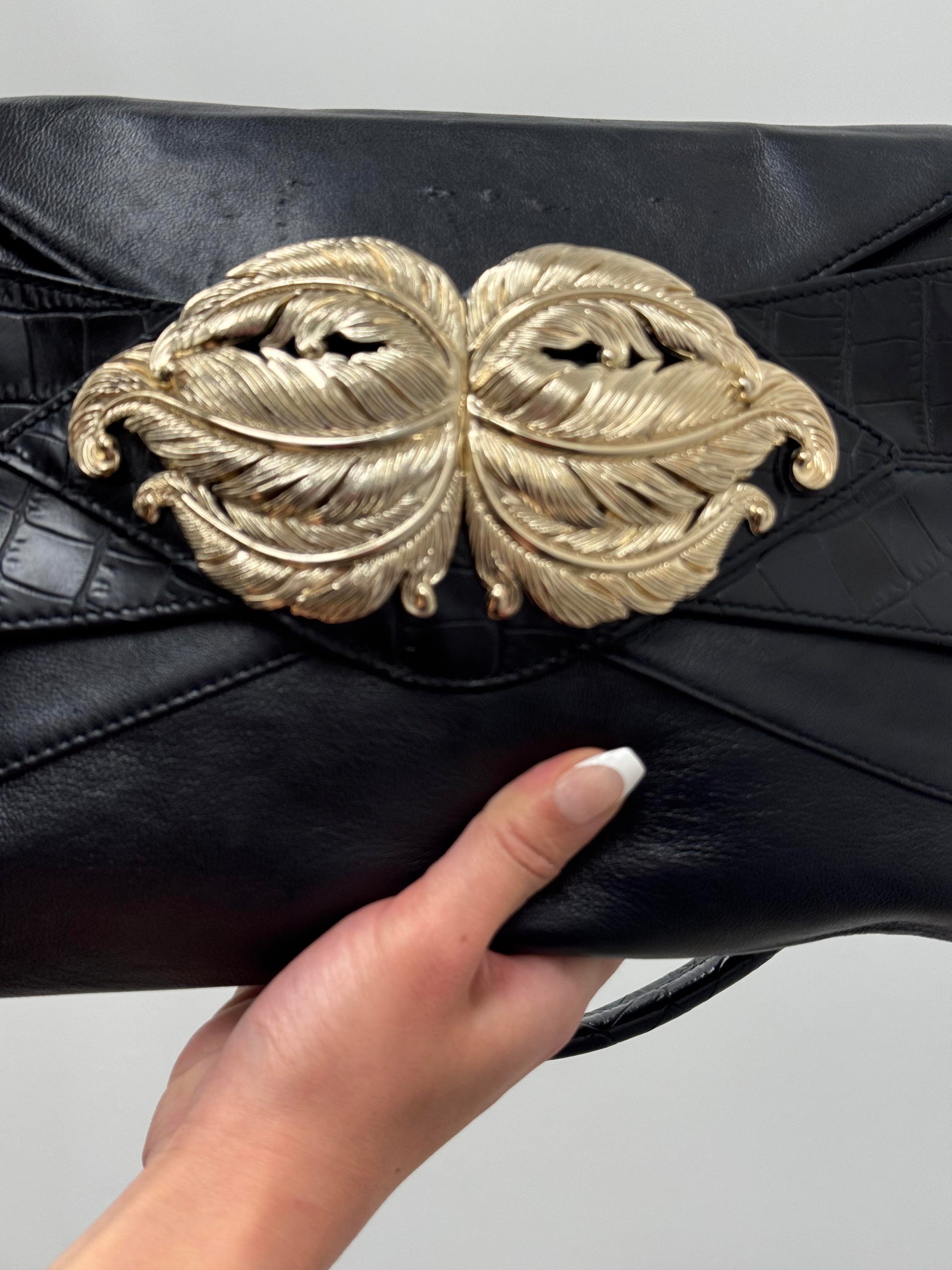 Valentino Garavani Vintage Black Leather Gold Leaf Clasp Shoulder Bag