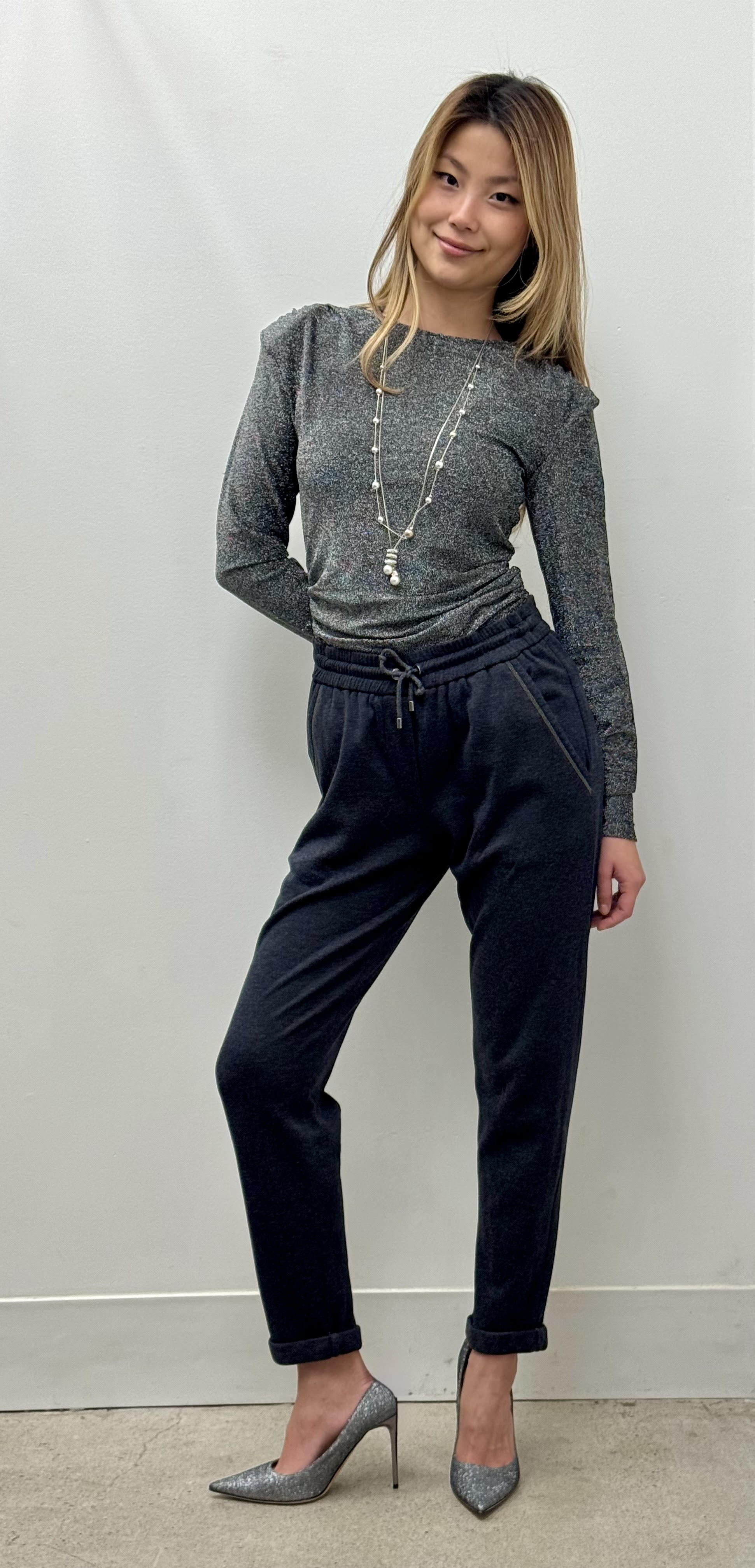 Brunello Cucinelli Monili Trimmed Tapered Joggers in Charcoal