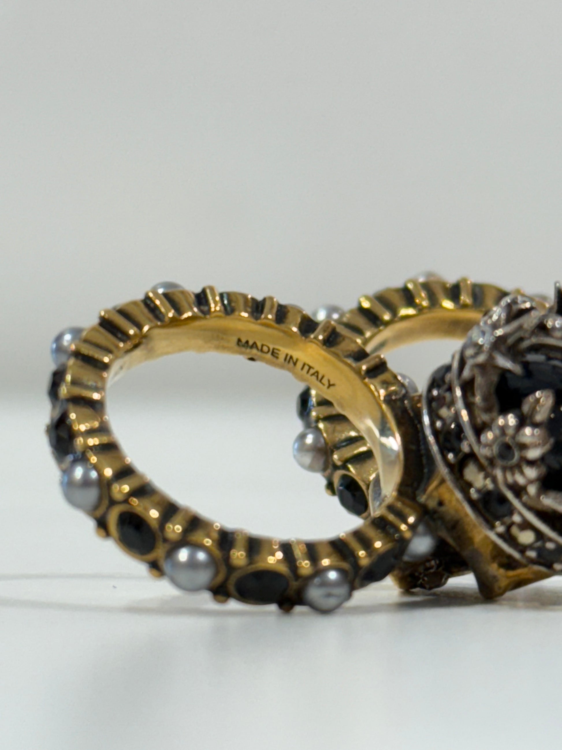 Alexander McQueen Queen & King Skull Ring with Crystal and Pearl Embellishment