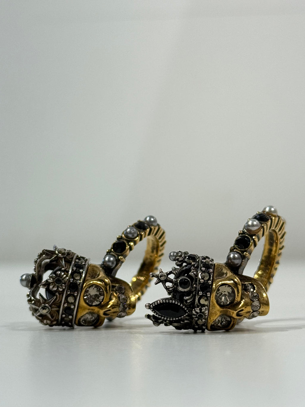 Alexander McQueen Queen & King Skull Ring with Crystal and Pearl Embellishment