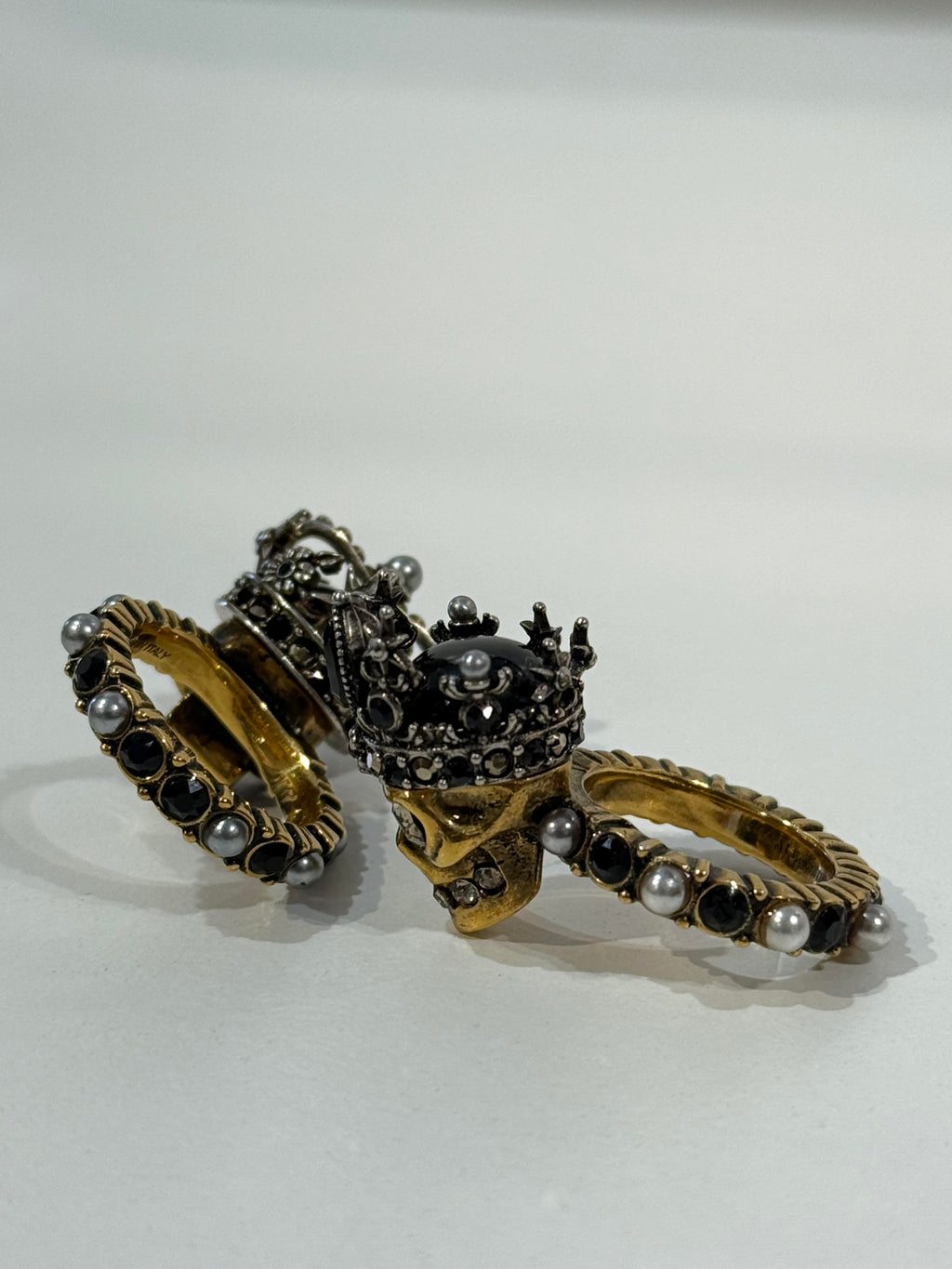 Alexander McQueen Queen & King Skull Ring with Crystal and Pearl Embellishment