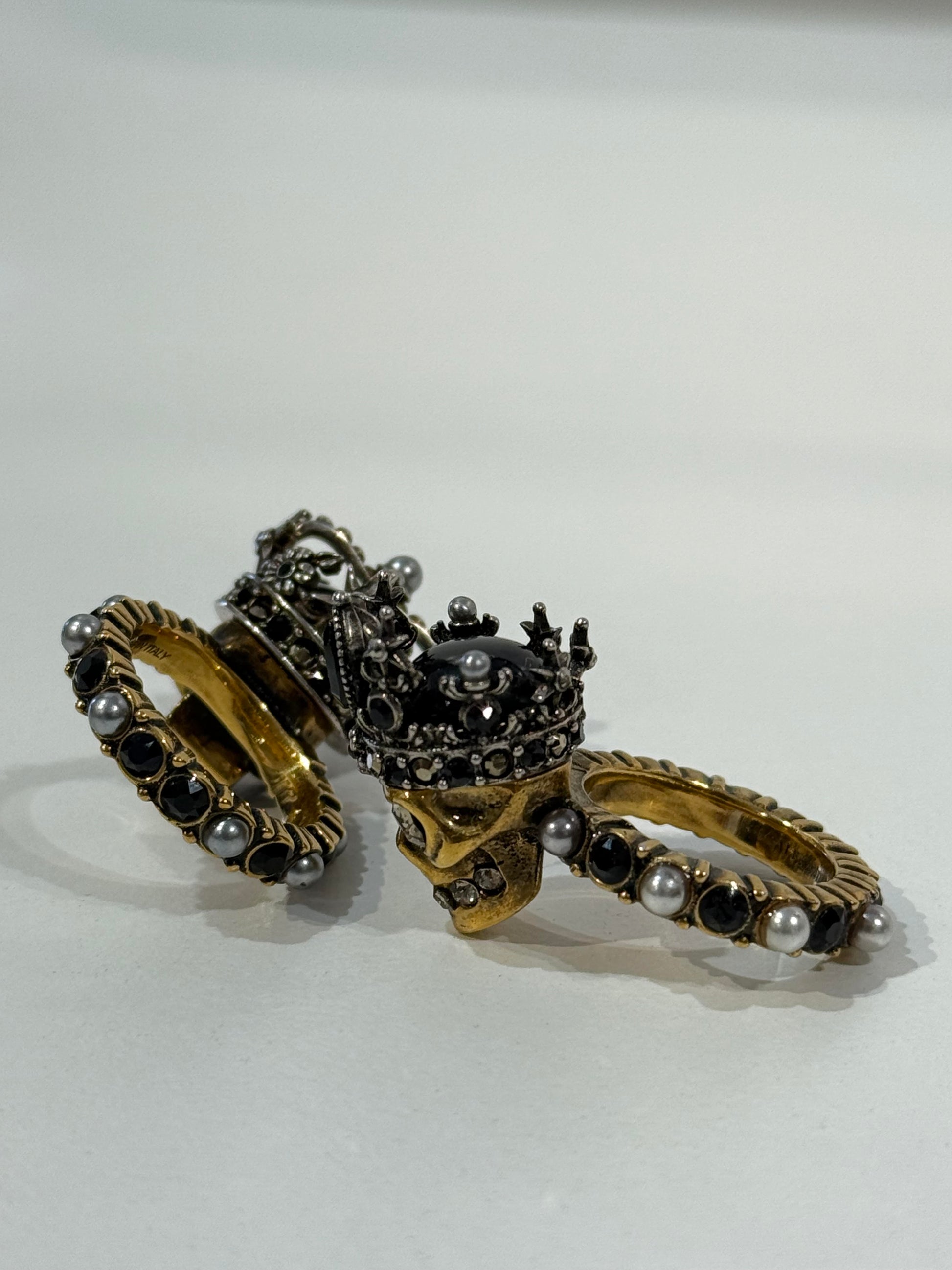 Alexander McQueen Queen & King Skull Ring with Crystal and Pearl Embellishment