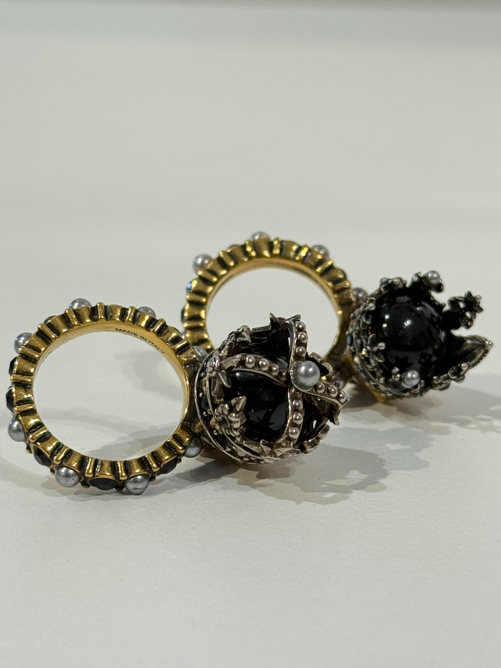 Alexander McQueen Queen & King Skull Ring with Crystal and Pearl Embellishment