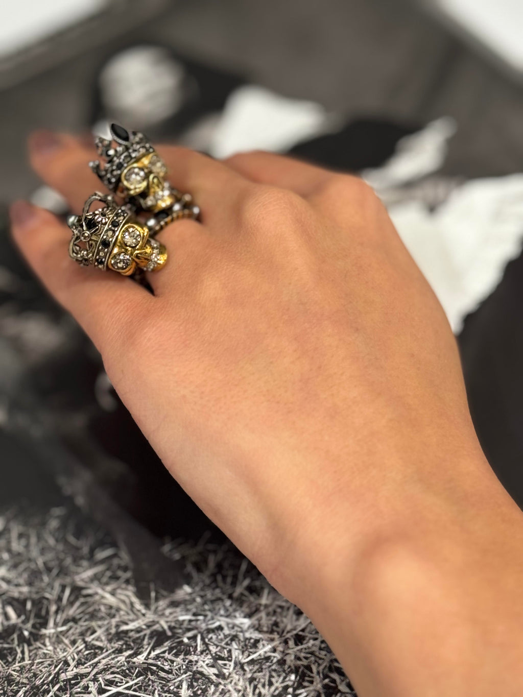 Alexander McQueen Queen & King Skull Ring with Crystal and Pearl Embellishment