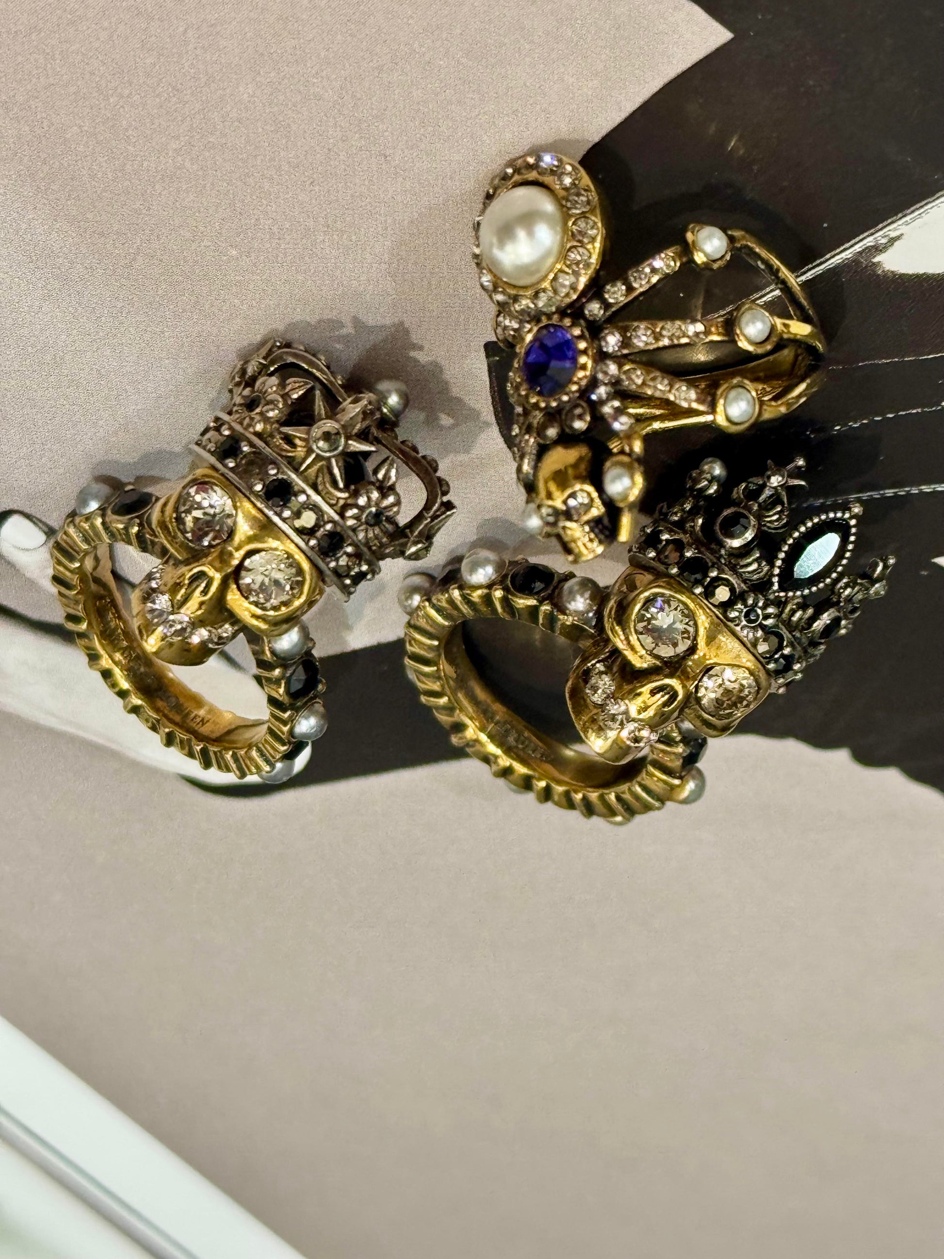 Alexander McQueen Queen & King Skull Ring with Crystal and Pearl Embellishment