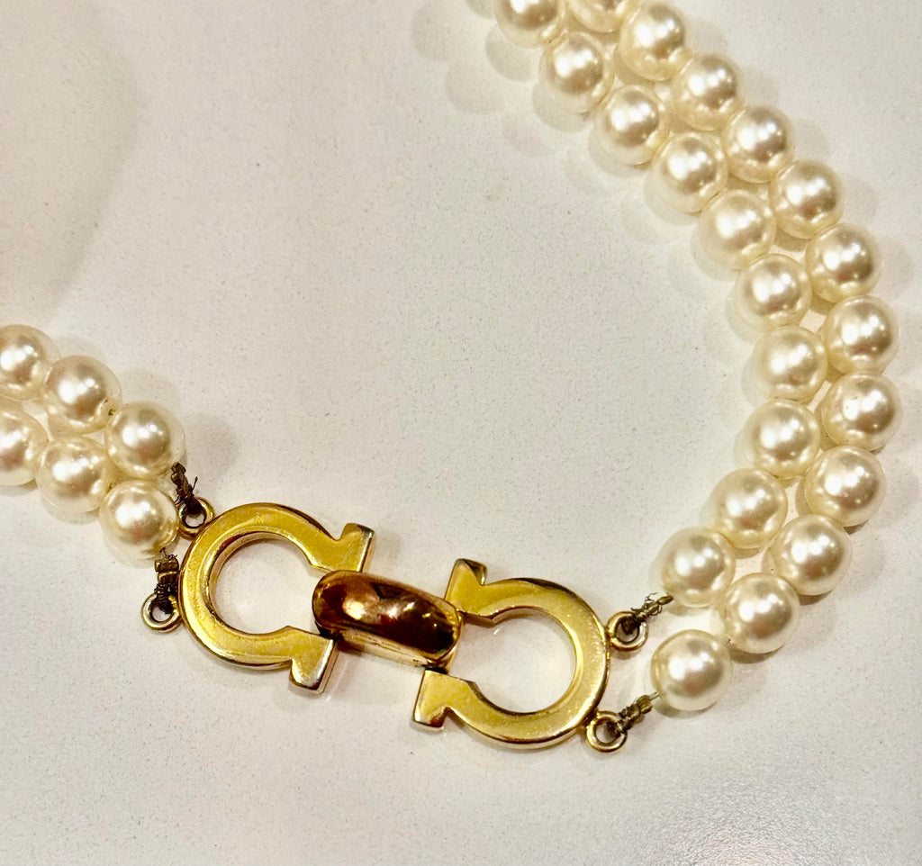 Salvatore Ferragamo Vintage Double Strand Faux Pearl Choker with Gold Tone Gancini Clasp
