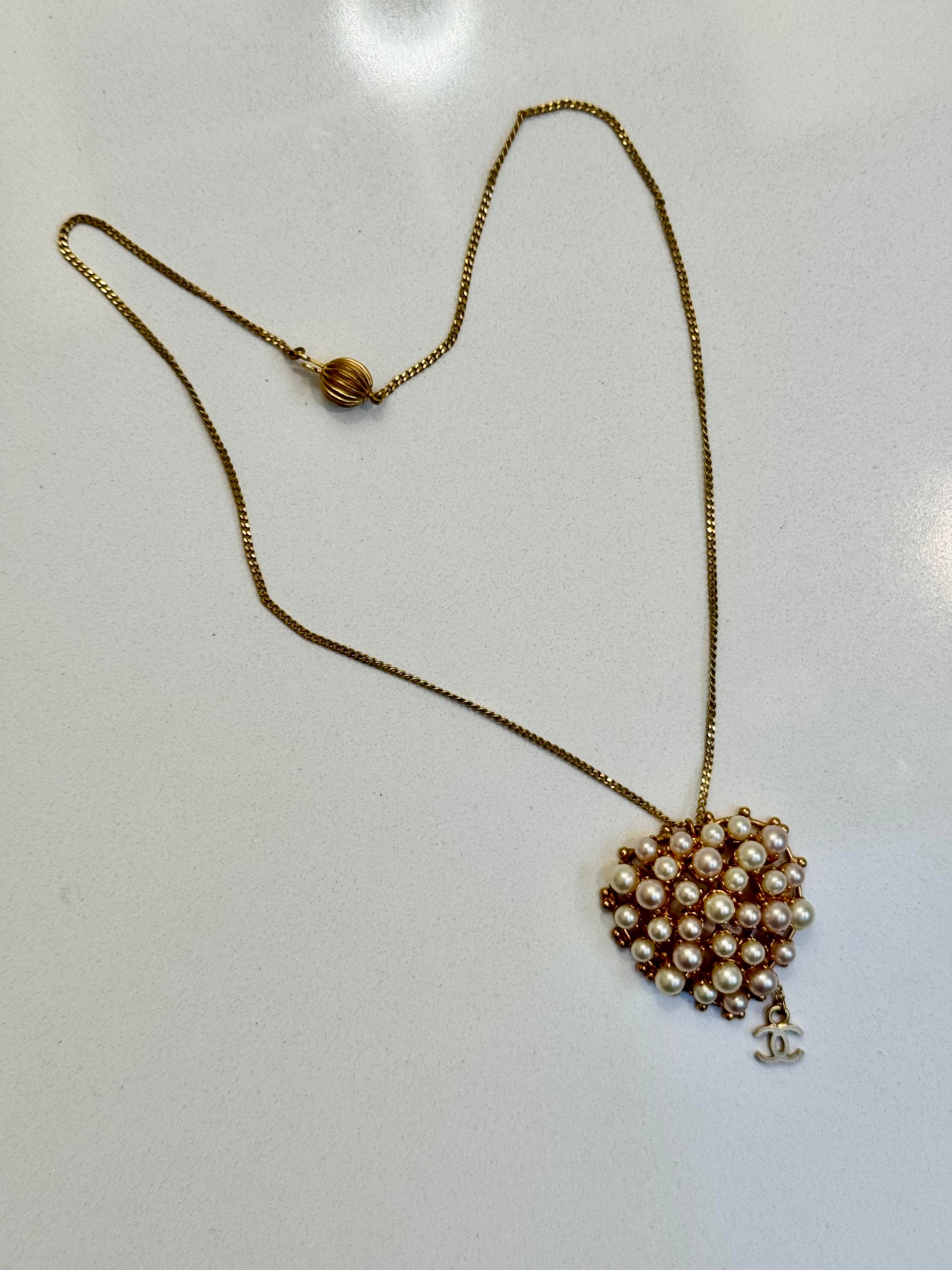 Vintage Chanel Faux Pearl Heart Pendant Necklace